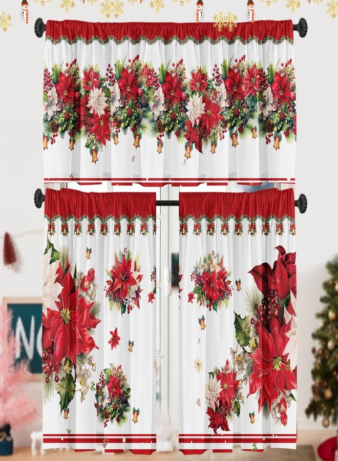 SUNWISHA Christmas Poinsettia Curtain Valances Set - Upper & Lower Curtains, 52'' L x 18'' W & 36'' L x 26'' W, Kitchen Windows Decor, 3 Piece Set, Red - Image 1